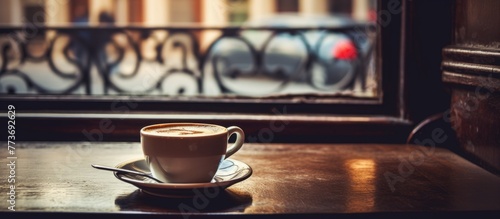 The coffee cup rests on a white saucer placed on a wooden table in a cozy setting photo