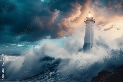 A lighthouse is in the middle of a stormy sea