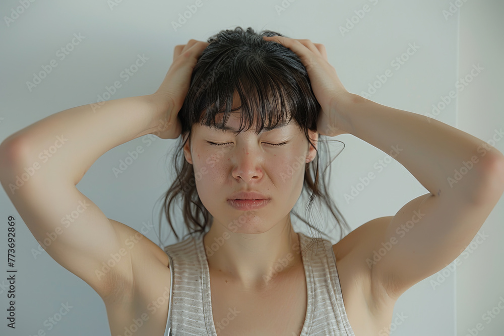 Fototapeta premium A woman with her hands on her head