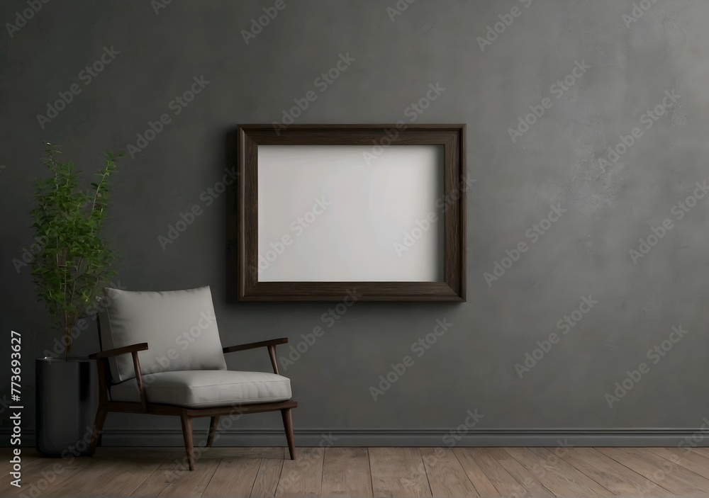Empty frame. Blank dark wood mounted landscape frame on grey wall Empty frame. Blank dark wood mounted landscape frame on grey wall