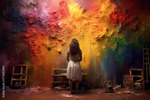 An artist with a palette, creating magic against a rainbow-colored wall.