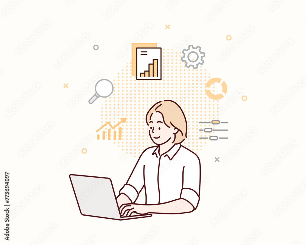 Business people working for data analytics graph report dashboard and monitoring for business marketing planning and finance investment concept. Hand drawn style vector design illustrations. - obrazy, fototapety, plakaty 