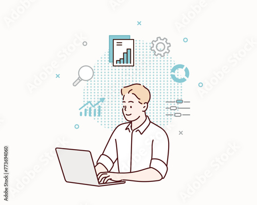 Business people working for data analytics graph report dashboard and monitoring for business marketing planning and finance investment concept. Hand drawn style vector design illustrations.