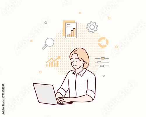 Business people working for data analytics graph report dashboard and monitoring for business marketing planning and finance investment concept. Hand drawn style vector design illustrations.