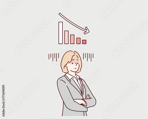 Businesswoman with graph.  financial collapse, economic crisis. Hand drawn style vector design illustrations.