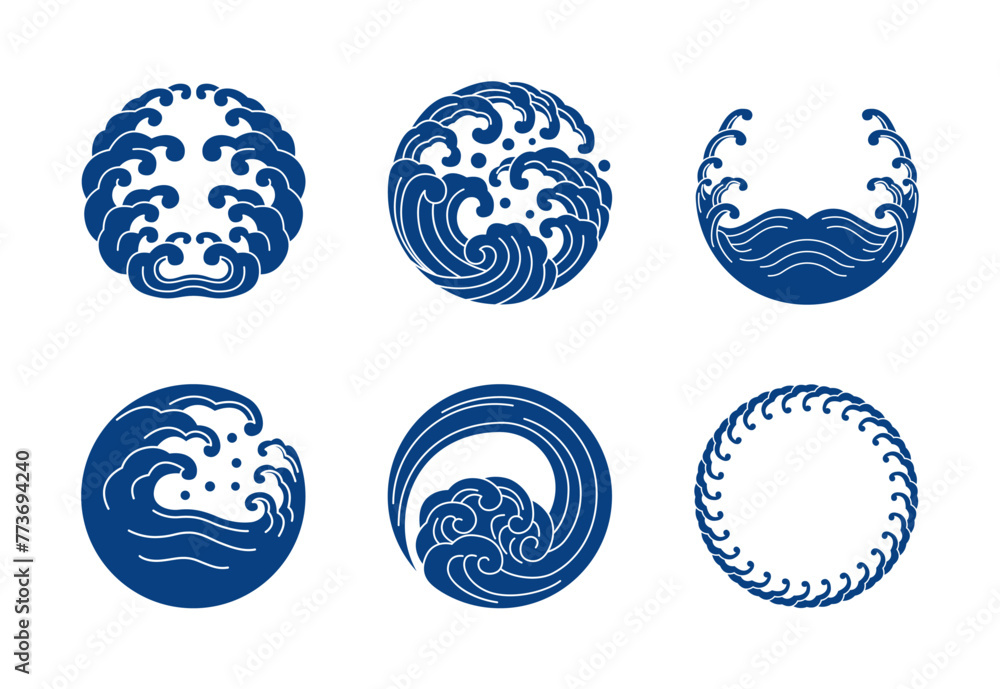 Japanese traditional wave crest vector illustration set. Circle logo, symbol, icon.
