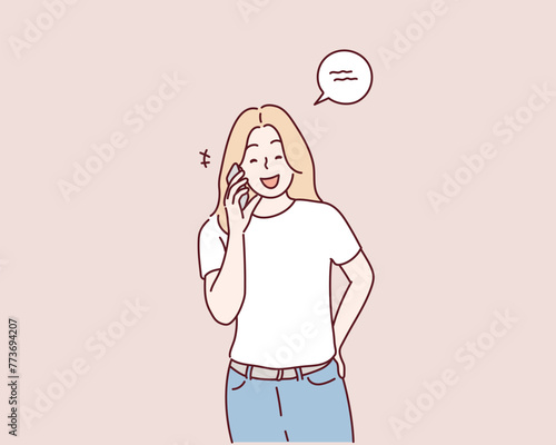 woman talking on mobile phone. Hand drawn style vector design illustrations.