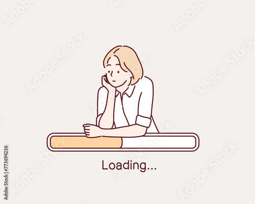 Bored Woman Waiting for Web Page to Load Vector Cartoon. Hand drawn style vector design illustrations.