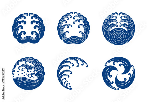 Japanese traditional wave crest vector illustration set. Circle logo, symbol, icon.