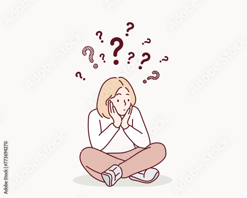 A curious woman. Remember all. Let me think. Doubt concept. Hand drawn style vector design illustrations.