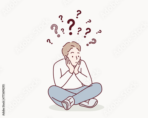 A curious man. Remember all. Let me think. Doubt concept. Hand drawn style vector design illustrations.