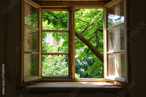 Opened old wooden window  attic frame in room  green summer nature view