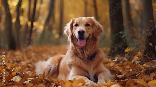 AI generated Golden retriever dog sitting on a pile of dry maple leaves, autumn theme concept Pro Photo 