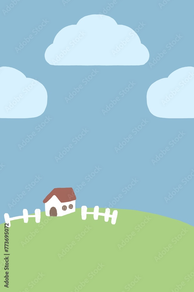 a cartoon house on a hill with a fence and clouds
