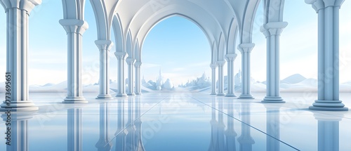 Beautiful airy widescreen minimalistic white and light blue architectural background banner with tilted columns photo