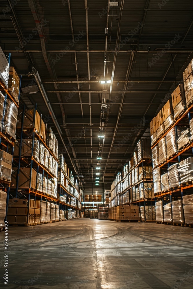 A vast warehouse space filled with stacked crates, pallets, and boxes, stretching into the distance under dim industrial lighting, Generative AI