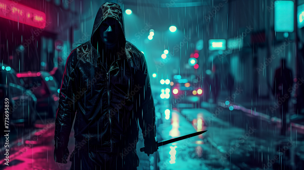 A masked man with a knife on a rainy street 