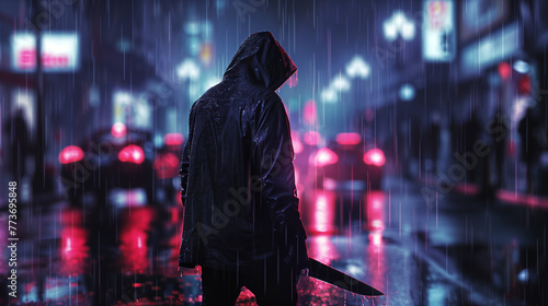A masked man with a knife on a rainy street 