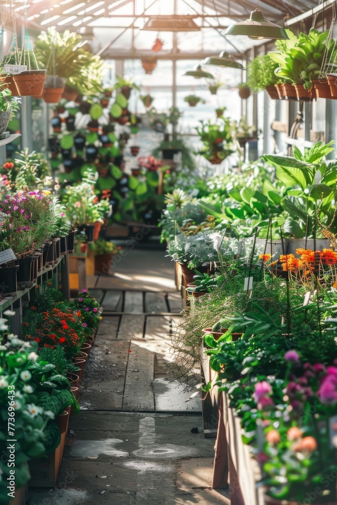 A warehouse greenhouse filled with rows of plants, flowers, and herbs, bathed in natural sunlight and providing a tranquil oasis in an urban environment, Generative AI