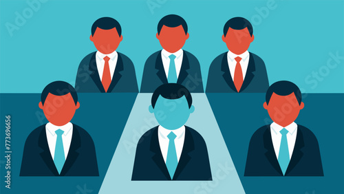 An illustration of a boardroom meeting with all members dressed in identical suits and ties highlighting the pressure to conform and think