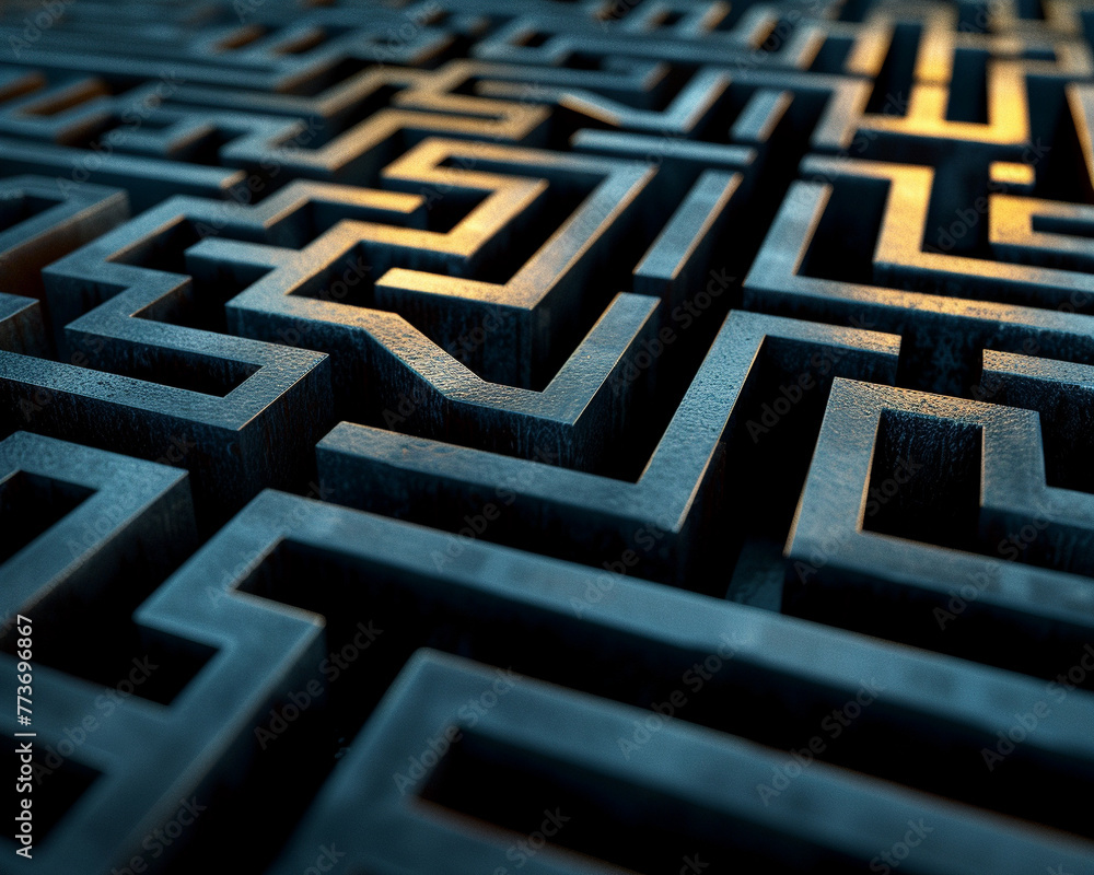 A complex web of paths and obstacles reveals the journey of a corporate warrior navigating a maze, A complex web of paths and obstacles reveals the journey of a corporate warrior navigating a maze,