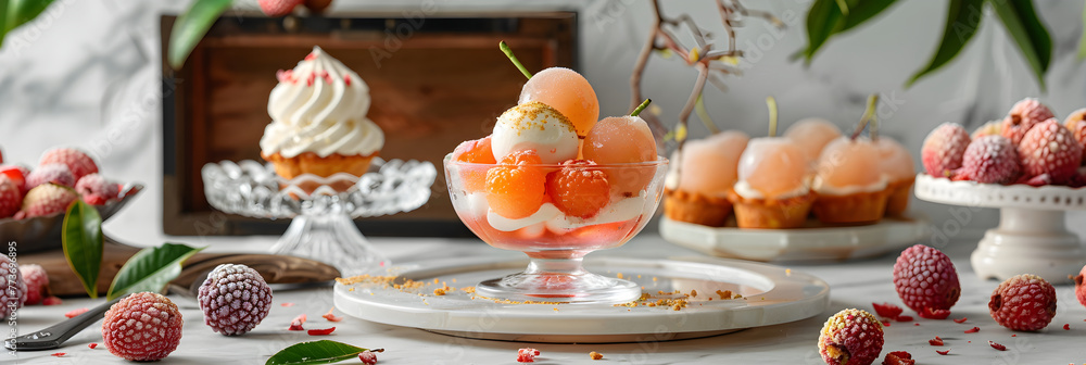 An Array of Creative and Mouth-watering Lychee Dessert Recipes Displayed on a White Marble Table