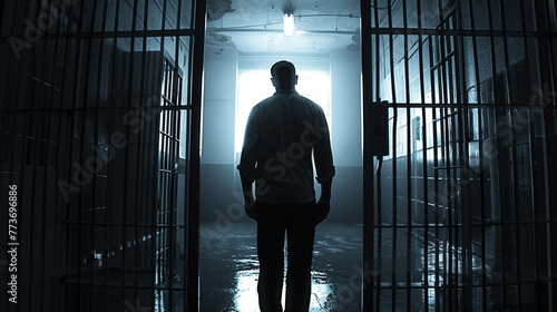 A creative portrayal of a prisoner behind bars in a modern prison,