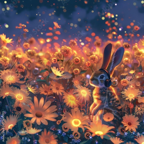 A rabbit with headphones lost in the world of music, surrounded by a field of glowing, musical flowers,Nashid Chroma illustration, vivid 4K