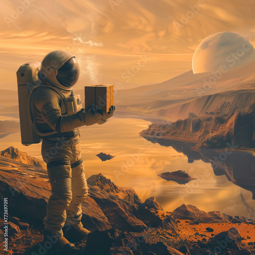 An astronaut on Titan, Saturns moon, receiving a package, orange misty atmosphere, lakes in the background, crisp detail, ultra HD © kitinut
