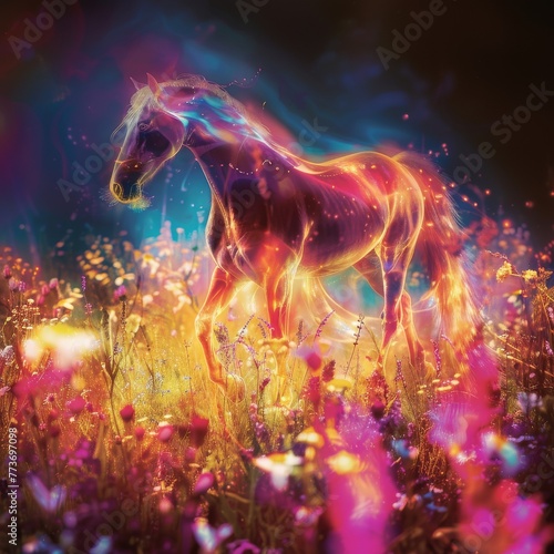 A vivid, colorful portrayal of a horse doing ballet in a field of luminescent flowers, illustrating grace and vitality in 4K © kitinut
