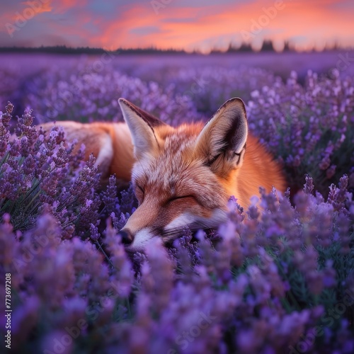 Sleepy fox in a vibrant field of lavender, under a sky streaked with twilight colors photo