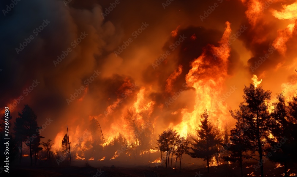 Large forest fire (environmental pollution, air pollution concept)