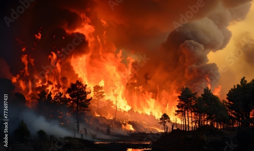 Large forest fire (environmental pollution, air pollution concept)
