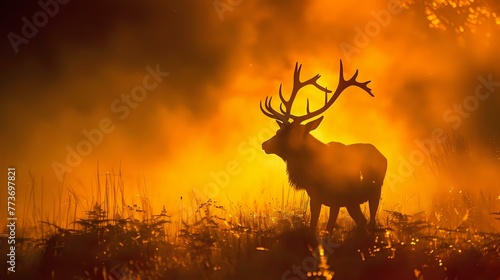 Stunning Wildlife Silhouette  Red Deer Stag in the Misty Woods