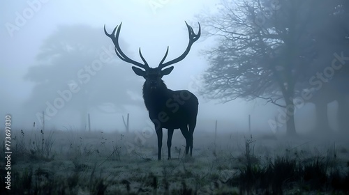 Misty Forest Scene: Silhouette of Red Deer Stag Amidst the Fog