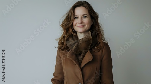 Woman in her 40s grinning brightly while dressed in a brown coat