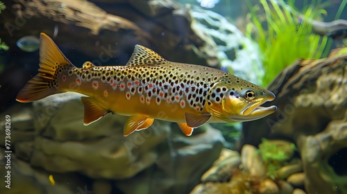 Brown Trout Swimming Gracefully in a Serene Aquarium Setting