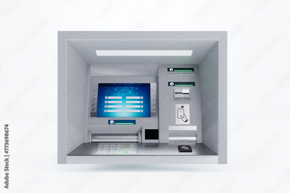 ATM isolated on white background. 3D rendering. ATM isolated on white background. 3D rendering.