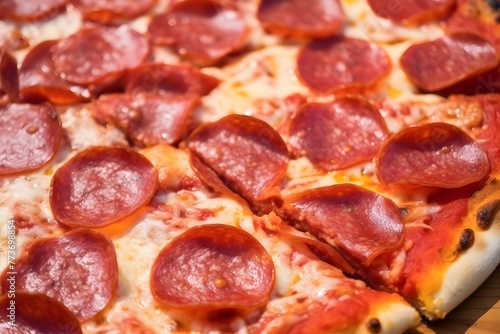 Pepperoni pizza with salami and tomatoes and mozzarella cheese, close up shot HD slices © Mockup Lab