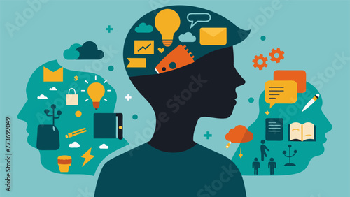 A persons silhouette made up of a collage of different images and words visually depicting the writers ability to tap into their subconscious
