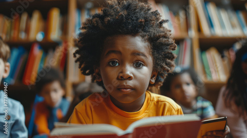 A young boy with curly hair is sitting in a library with a book in front of him
