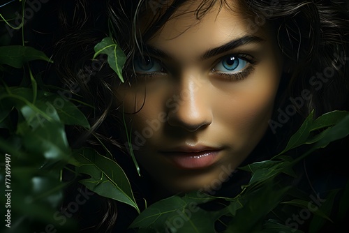 Attractive face of girl with leaf in leafy area dark green
