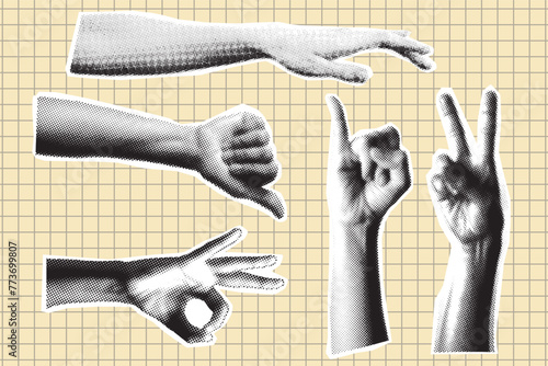 set of halftone hands. Trendy halftone style for collages. Modern vector illustration