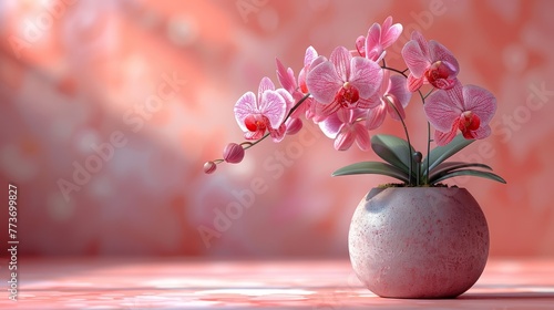  Pink vase with flowers on pink table next to pink walls © Shanti