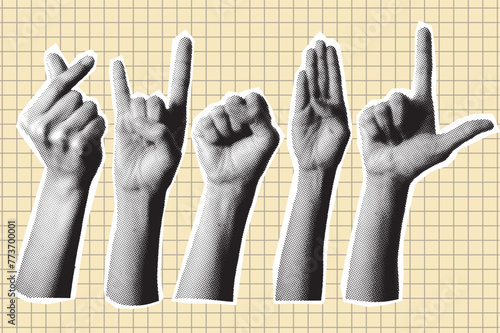 set of halftone hands. Trendy halftone style for collages. Modern vector illustration