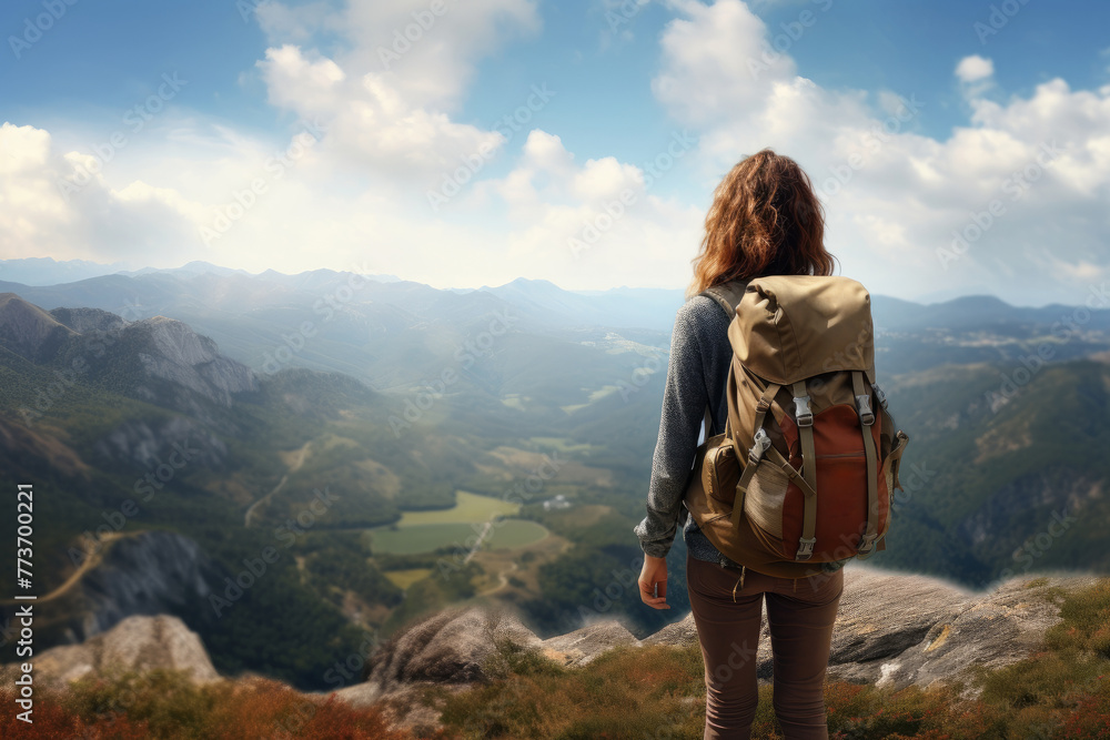 A girl with a backpack on top of a mountain looks at a beautiful mountain valley, a mountain landscape. Hiking. Unity with nature. 