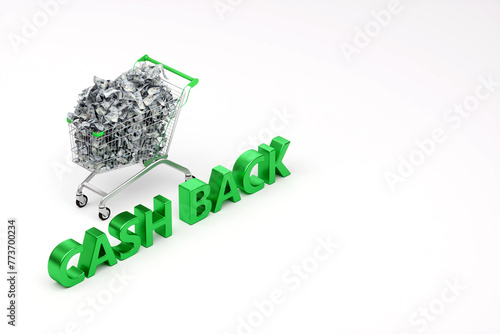 Cash back concept, shopping cart filled with American dollars. 3D rendering.