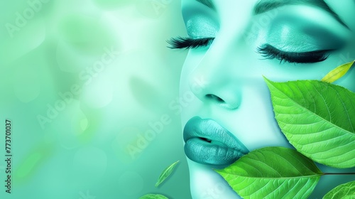  A woman with her eyes closed, holding a green leaf in front of her face