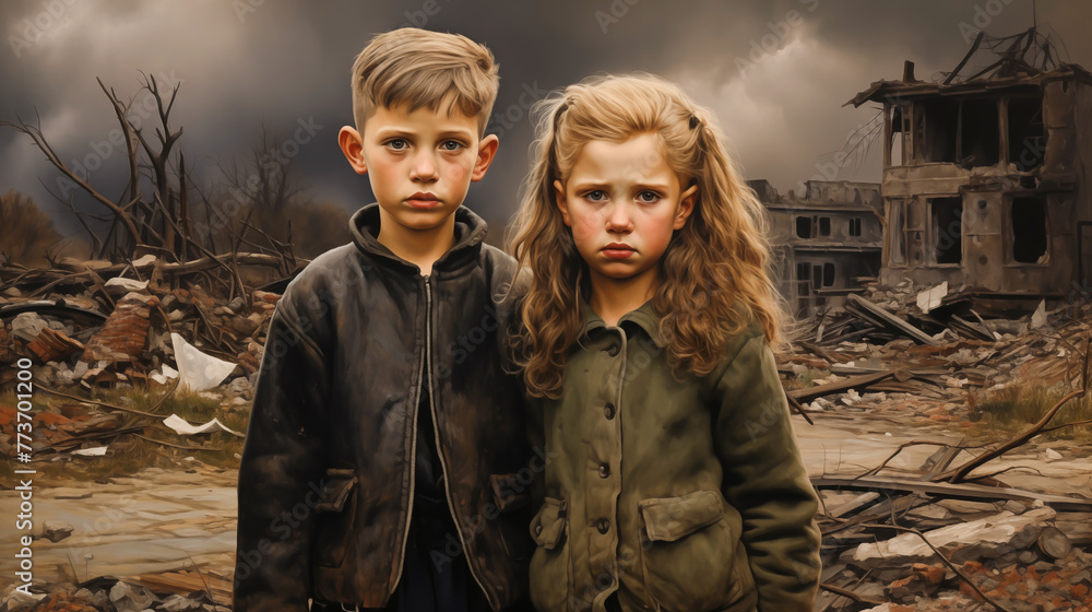 Two child clad in tattered garments from the aftermath of nuclear war. Loss, devastation, and resilience in the face of catastrophic destruction and the enduring hope for future Two child clad in tattered garments from the aftermath of nuclear war. Loss, devastation, and resilience in the face of catastrophic destruction and the enduring hope for future