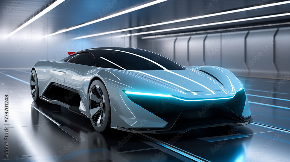 Fototapeta premium Futuristic electric car at charging station. Electric vehicle plugged into a charging station symbolizing sustainable transportation and renewable energy. Sustainable transportation, Renewable energy 